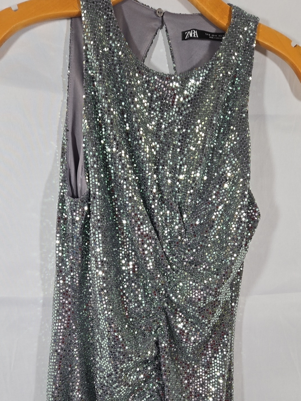 Zara Greenish Silver Sequin Sleeveless Dress M Front Rouching